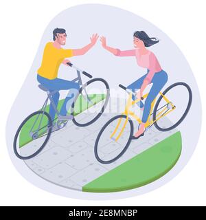 Young man and woman cycling. Stock Vector