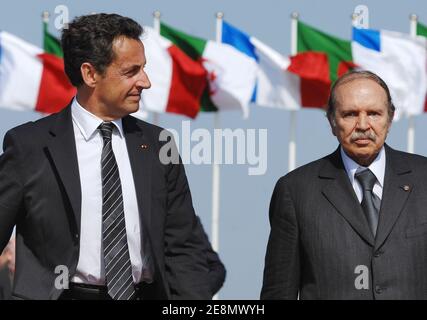 Algerian president Abdelaziz Bouteflika says goodbye to French president Nicolas Sarkozy at the Houari Boumedienne Airport in Algiers after an official trip in Algeria, on July 10, 2007. Photo by Christophe Guibbaud/ABACAPRESS.COM Stock Photo