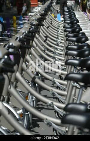 New bicycle system Velib's Decaux warehouse in Paris, France on July 15, 2007. Photo Bernard Bisson/ABACAPRESS.COM Stock Photo