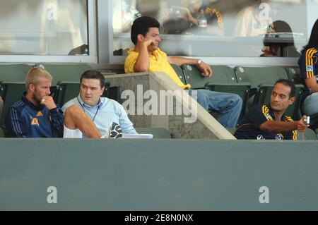 LA Galaxy's David Beckham (R) sits with personal his manager Terry Burn (L) during the first day of the Football World Series featuring the Los Angeles Galaxy versus The Tigres UANL at the Home Depot Center. LA Galaxy lost 3 to nothing. Los Angeles, July 17, 2007. (Pictured: David Beckham, Terry Byrne). Photo by Lionel Hahn/AbacaUsa.com Stock Photo