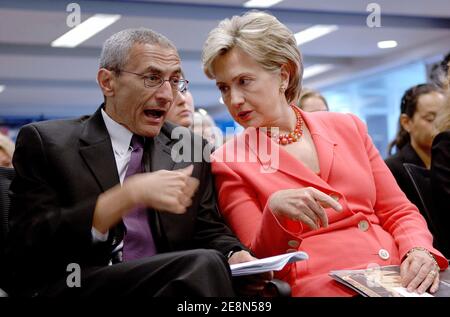 Sen. Hillary Clinton (D-N.Y.), a 2008 Democratic presidential candidate speaks with John Podesta, President Clinton's Chief of Staff from 1998 to 2001, at a Center for American Progress forum to discuss recently-introduced pre-kindergarten education bills, in Washington DC, USA on July 25, 2007. Photo by Olivier Douliery/ABACAPRESS.COM Stock Photo