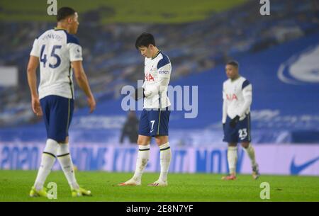 Amex Stadium, Brighton, 31st Jan 2021  Tottenham dejected after losing in their Premier League match against Brighton & Hove Albion Picture Credit : © Mark Pain / Alamy Live News Stock Photo