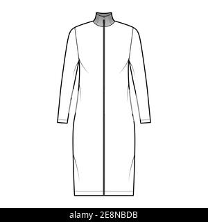 Turtleneck zip-up dress technical fashion illustration with long sleeves, knee length, oversized body, Pencil fullness. Flat apparel template front, white color. Women, men, unisex CAD mockup Stock Vector