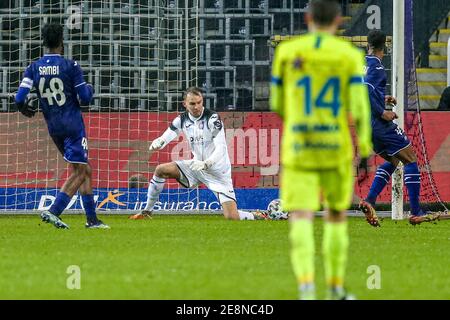 BRUSSELS, BELGIUM - JANUARY 31: Timon Wellenreuther of RSC Anderlecht during the Pro League match between RSC Anderlecht and KAA Gent at Lotto Park on Stock Photo