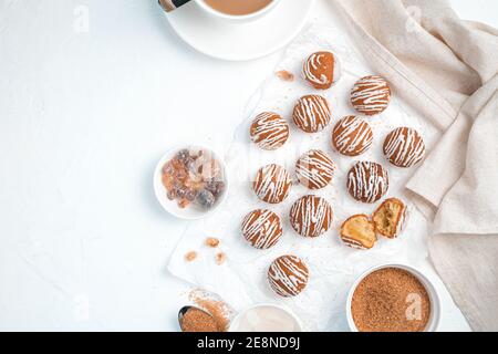 Round cookies on a white background. Top view, horizontal. Stock Photo