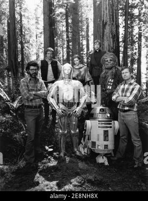 GEORGE LUCAS HARRISON FORD ANTHONY DANIELS CARRIE FISHER MARK HAMILL KENNY BAKER PETER MAYHEW and RICHARD MARQUAND on set location group portrait by Ralph Nelson Jr. during filming of STAR WARS : EPISODE VI - RETURN OF THE JEDI 1983 director RICHARD MARQUAND story George Lucas screenplay Lawrence Kasdan and George Lucas music John Williams executive producer George Lucas Lucasfilm / Twentieth Century Fox Stock Photo
