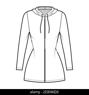 Hoodie zip-up dress technical fashion illustration with long sleeves, mini length, fitted body, Pencil fullness. Flat apparel template front, white color. Women, men, unisex CAD mockup Stock Vector