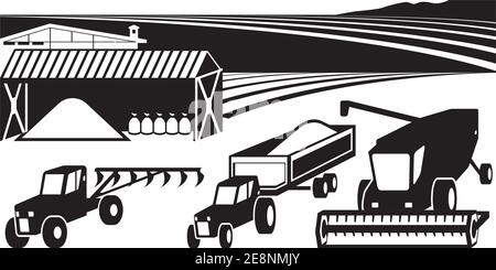 Farm yard with agricultural machinery and warehouse - vector illustration Stock Vector