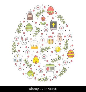 Happy Easter Icons Within Egg Shape, Easter vector poster Illustration, easter holiday poster vector icon set, greeting card, vector template Stock Vector