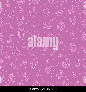 Happy Easter seamless pattern with bunny, jesus christ, egg, flower, branch, chicken on purple background. Greeting card outline vector icons, gift Stock Vector