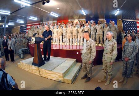 US President George W. Bush delivers his speech to service members during his surprise visit to Al Asad Air Base, Iraq on September 3, 2007. Bush rejected intensifying pressure from the Democratic-led Congress to start pulling troops immediately out of the unpopular war in Iraq. 'Those decisions will be based on a calm assessment by our military commanders on the conditions on the ground, not a nervous reaction by Washington politicians to poll results in the media,' the president said. Photo by DOD via ABACAPRESS.COM Stock Photo