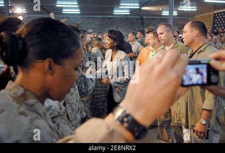 US service members gather around Secretary of State Condoleezza Rice, during President George W. Bush's surprise visit to Al Asad Air Base, Iraq on September 3, 2007. Photo by DOD via ABACAPRESS.COM Stock Photo