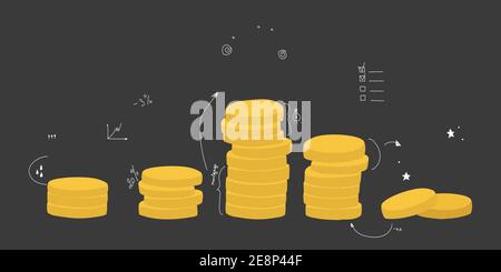 Vector illustration of hand drawing on black background. Stacks of coins of various heights. Family or personal budget allocation concept. EPS 10 Stock Vector