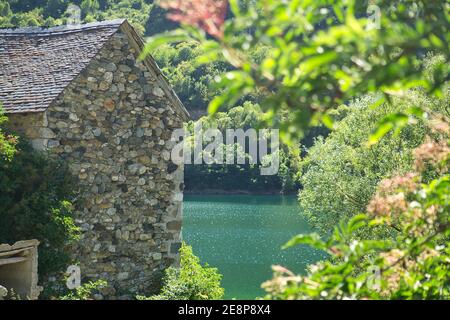 Lanuza town, an old village on the banks of the Gallego river, located in Hueca, Aragon, Spain. In a sunny day Stock Photo