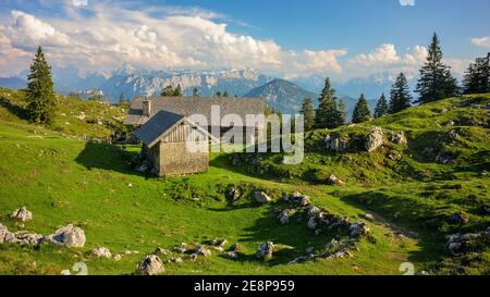Kohler Alm mountain hut near Inzell, bavarian alps, Chiemgau, with view towards Berchtesgaden alps Stock Photo