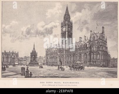 Vintage illustration of The Town Hall, Manchester. Stock Photo