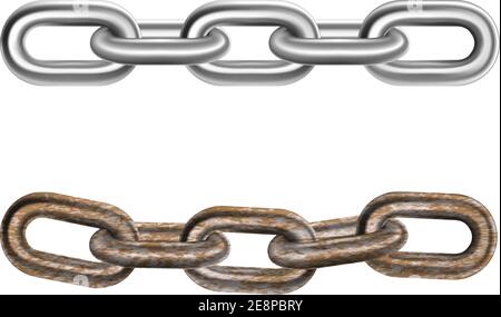 Two realistic pieces of steel and iron rusty links strong heavy chains horizontal isolated vector illustration Stock Vector