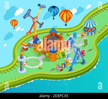 Amusement park isometric cartoon composition with giant swing colorful aerostats with baskets ferris wheel and castle vector illustration Stock Vector