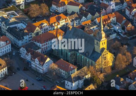Aerial view, catholic church St. Walburga, market place with Christmas tree, Werl, North Rhine-Westphalia, Germany, Old Town, place of worship, City, Stock Photo