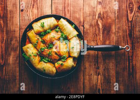 Stuffed Cabbage Rolls in Frying Pan. View from Above Stock Photo