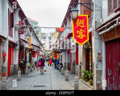 Macau, JAN 22, 2012 - Cloudy view of the traditional and famous R. da Felicidade street Stock Photo