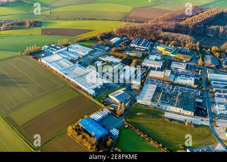 Aerial photograph, Westerhaar industrial estate, forest damage, clear-cutting and spruce felling, Werl, Sauerland, North Rhine-Westphalia, Germany, DE Stock Photo