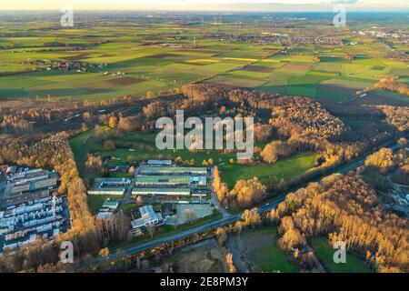Aerial view, Industrial estate Westerhaar, TÜV NORD test centre Wickede Werl, Golf course Golfclub-Werl e.V., Forest damage, clear-cutting and spruce Stock Photo