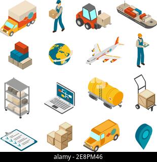 International logistic service symbols isometric icons set with world globe transport and delivery man abstract isolated vector illustration Stock Vector