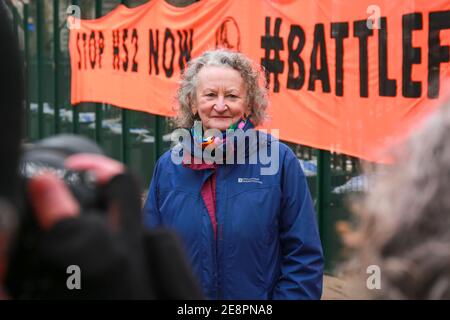 London, 31 Jan 2021. Jenny Jones, a member of the Green Party, supports activists from HS2 Rebellion in Euston Square Gardens. Credit: Waldemar Sikora Stock Photo