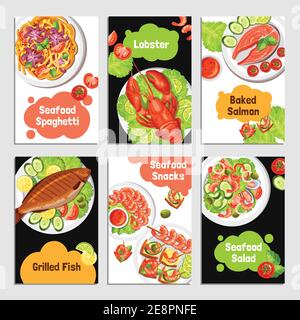 Color cards with title of seafoods for banner vector illustration Stock Vector