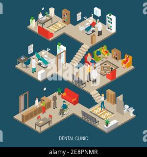 Dental practice clinic building isometric composition poster with operation room  doctor office and reception abstract vector illustration Stock Vector