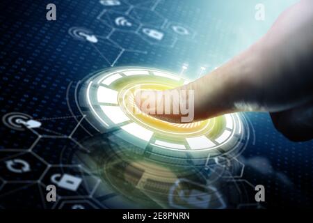 Businessman using fingerprint scan. Fingerprint scan provides access with biometrics identification. Technology, Security and identification concept. Stock Photo