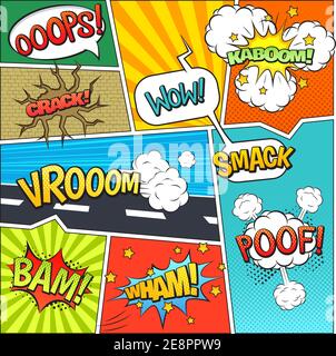Classic comics book page sample with speech exclamations wow oops bam bubbles patterns composition abstract vector illustration Stock Vector
