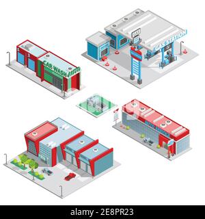 Modern auto service facilities isometric composition with gas station and car wash buildings abstract isolated vector illustration Stock Vector
