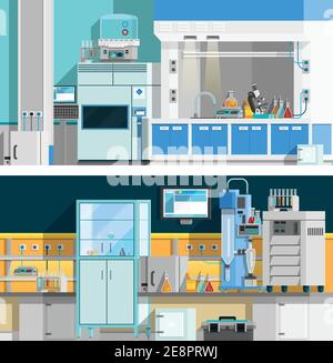 Two science laboratory horizontal banners with compositions of workspace for chemical experiments in modern interior flat vector illustration Stock Vector