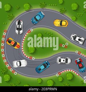 Cars Drifting Top View Background. Rally Cars Drifting Vector Illustration. Sport Cars Drifting Cartoon Design. Racing Cars Drifting Decorative Symbol Stock Vector