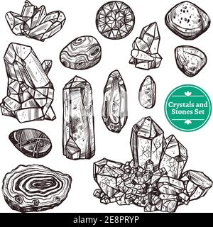 Hand drawn monochrome icons set of crystal stones rocks with white background vector illustration Stock Vector