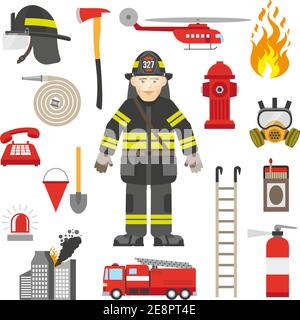 Fireman equipment flat retro style icons collection with red pump and fire extinguisher abstract isolated vector illustration Stock Vector