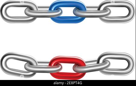 Two realistic pieces of steel chain with red and blue links in the middle isolated vector illustration Stock Vector