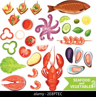 Icons set of seafood like fish and lobster and vegetables like tomato or pepper flat isolated vector illustration Stock Vector