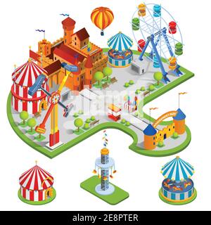 Amusement kids park isometric composition with medieval castle ferris wheel carousel circus tent in cartoon style vector illustration Stock Vector