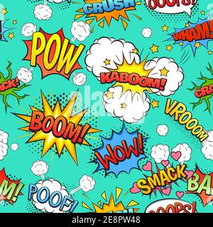 Comics speech and exclamations boom wow bubbles clouds seamless pattern with bright green background abstract vector illustration Stock Vector