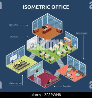 Isometric business organization office 3 storey building plan interior view dark background poster abstract vector illustration Stock Vector