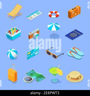 Summer vacation travel vintage accessories isometric icons collection with sunglasses straw hat and suitcase isolated vector illustration Stock Vector