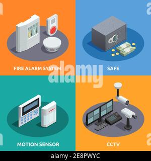 Home security 4 isometric icons square with motion sensor fire alarm system and cctv abstract isolated vector illustration Stock Vector