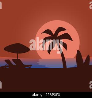 Silhouette sunset at the beach with sun and reflection background illustration vector Stock Vector