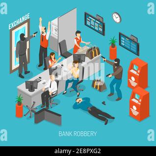 Bank Robbery Concept. Bank Robbery Design. Bank Robbery Isometric Illustration. Bank Robbery Vector. Stock Vector