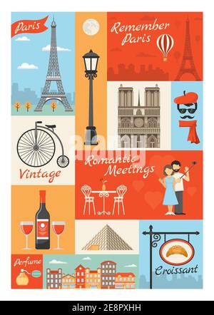 France paris vintage style icons set with louvre streetlight perfume croissant actor eiffel tower isolated vector illustration Stock Vector