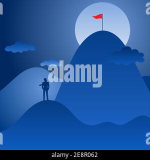 businessman looking at the top of the mountain with red flag in the blue background illustration vector. Motivation business concept. Stock Vector