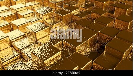 haotic abstract golden  cubes, panoramic image Stock Photo